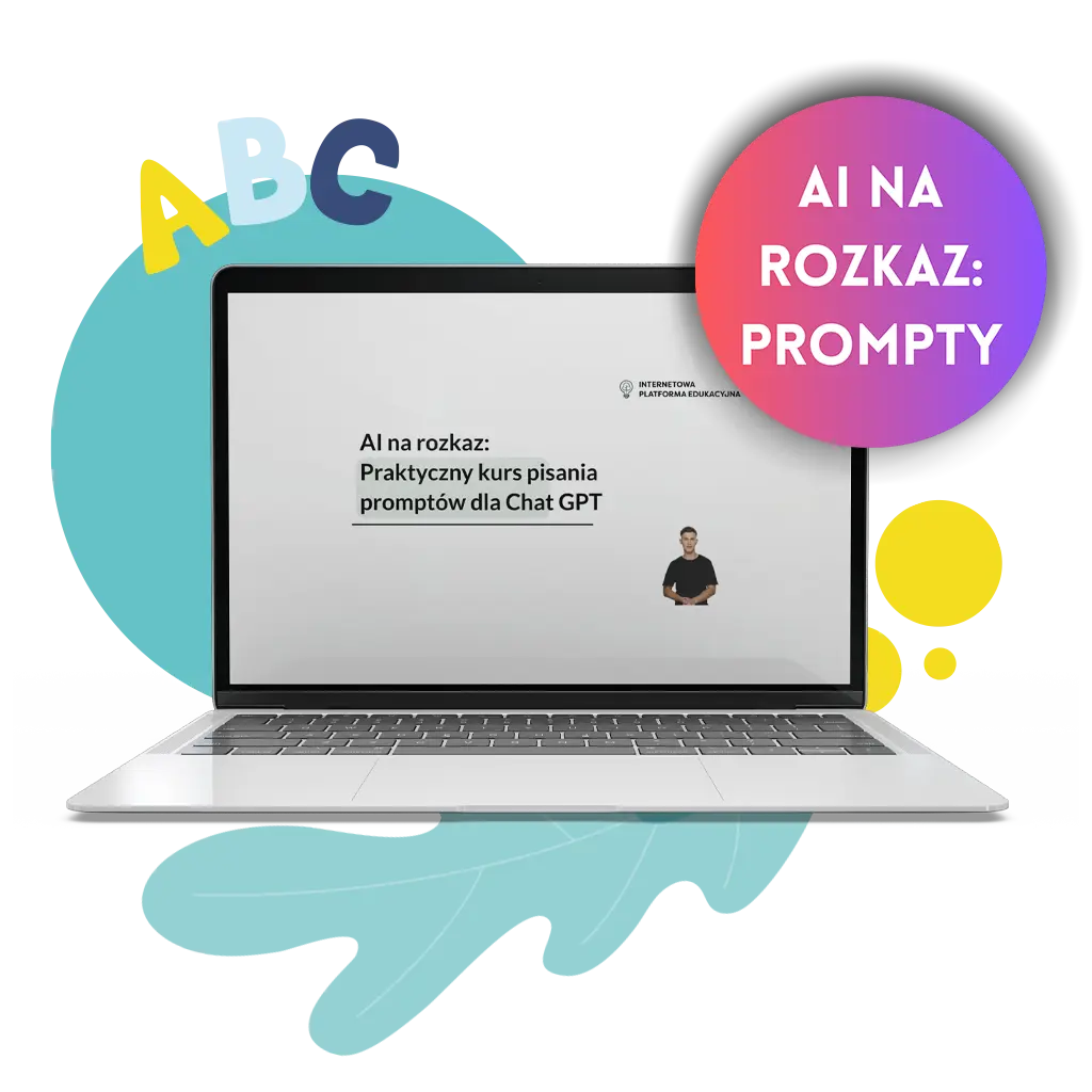 Okładka „AI na rozkaz” – praktyczny kurs pisania promptów dla ChatGPT, ekran laptopa z tytułem i kolorowymi elementami.