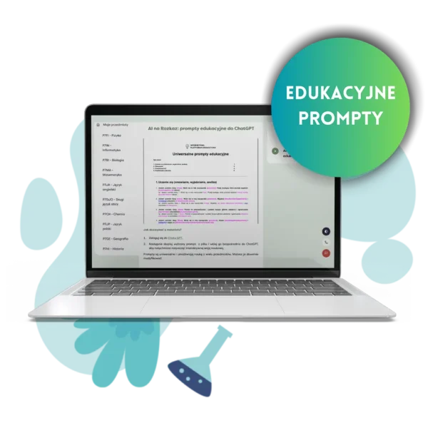 Ekran laptopa z dokumentem „AI na Rozkaz: prompty edukacyjne do ChatGPT” — gotowe prompty dla nauczycieli i uczniów.