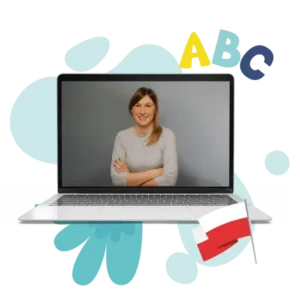 Laptop z nauczycielką prowadzącą e-lekcje z języka polskiego na platformie Polonijka – nauka online dla dzieci.