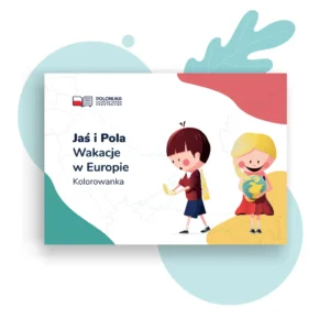 Okładka zbioru kolorowanek Jaś i Pola wakacje w Europie – materiał edukacyjny dla dzieci polonijnych.