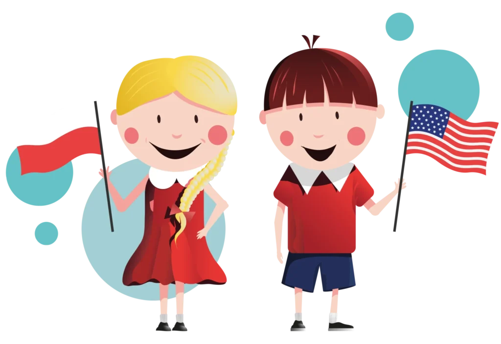 Chłopiec Jaś i dziewczynka Pola, trzymający flagi Polski i USA.