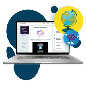 Otwarty laptop z widokiem Internetowej Platformy Edukacyjnej, oraz ikona Mindo, Wirtualnego Nauczyciela - dostępne w pakiecie Mini.