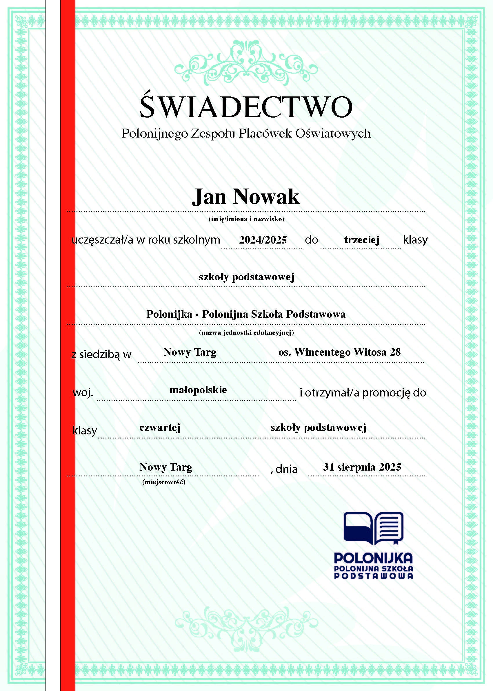 Świadectwo Polonijki - Polonijnej Szkoły Podstawowej, strona przednia.