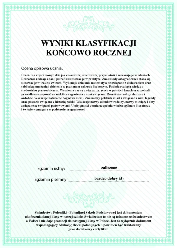 Świadectwo Polonijki - Polonijnej Szkoły Podstawowej, strona tylna.