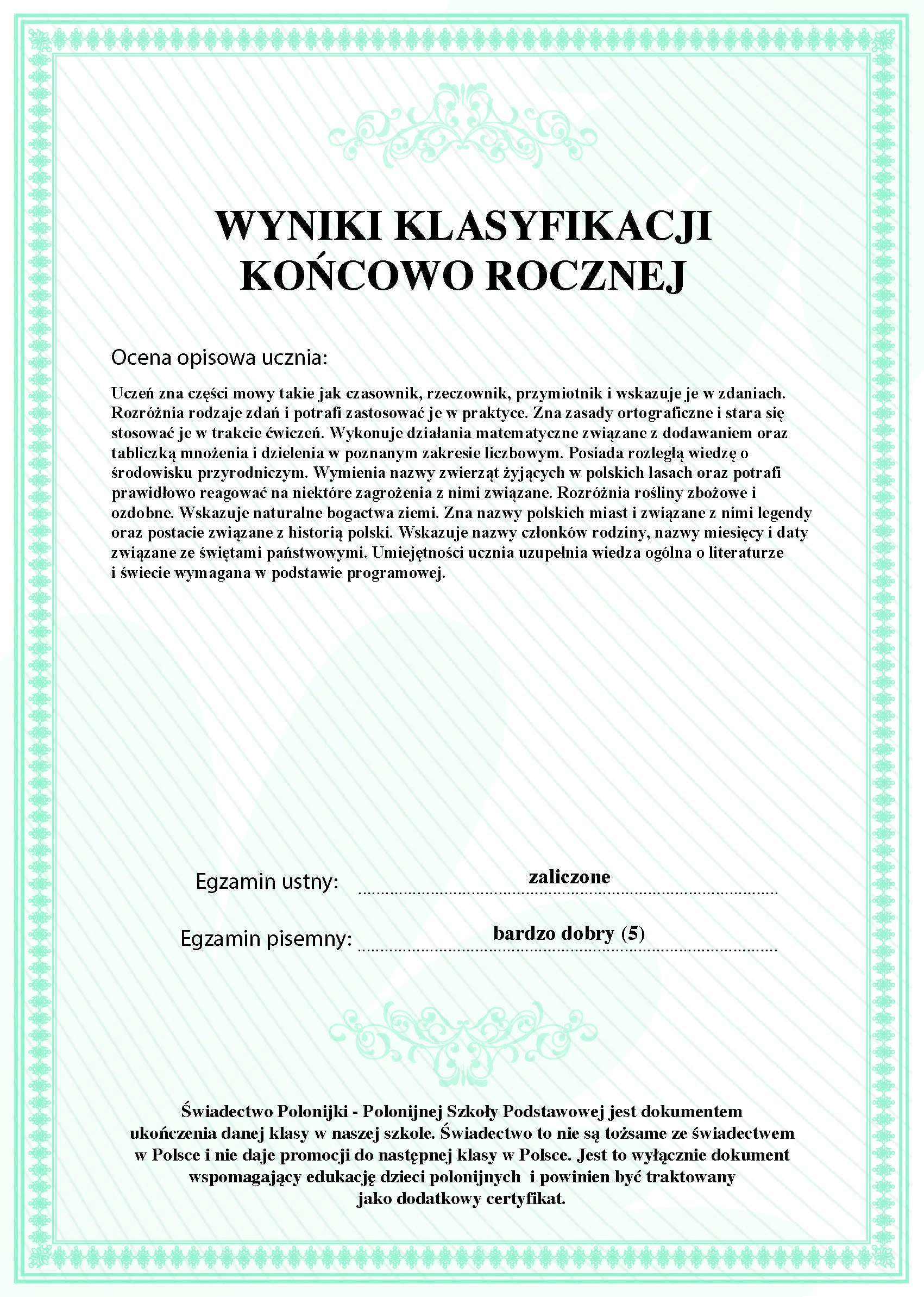 Świadectwo Polonijki - Polonijnej Szkoły Podstawowej, strona tylna.