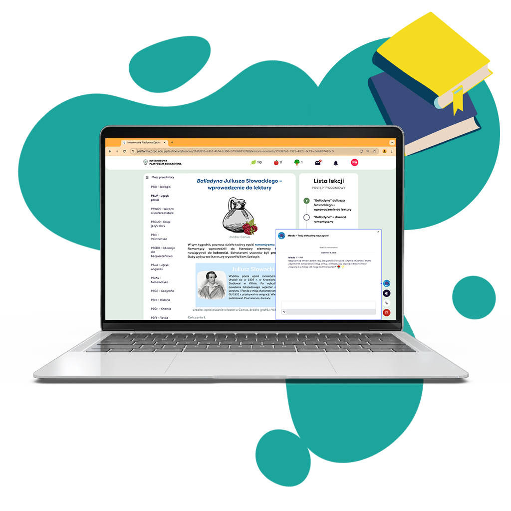 Widok platformy edukacyjnej online z otwartym czatem z Wirtualnym Nauczycielem Mindo.